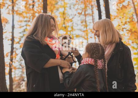 Mutter, Großmutter und Tochter halten Jack russell Terrier fest und spielen mit ihm im Herbst draußen. Haustier- und Familienkonzept Stockfoto