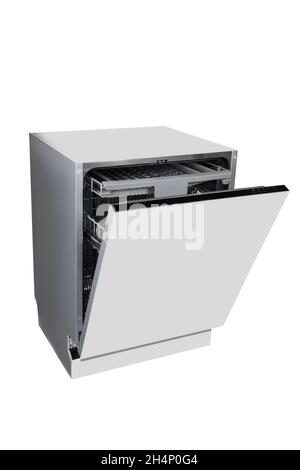 Moderne Metallspülmaschine mit Regalen und offener Tür auf weißem, isoliertem Hintergrund Stockfoto