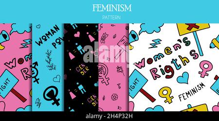 Eine Reihe nahtloser Muster kritzeln Zeichen des Feminismus, der Rechte der Frauen. Grunge handgezeichnete Vektor-Ikonen des Feminismus Protestsymbole Eine Kundgebung, für die man kämpfen muss Stock Vektor
