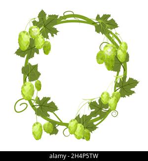 Runder Rahmen mit Hopfen. Ein Zweig mit dichten Blättern und Kegeln. Schlaffe Triebe mit Blättern. Wilde Natur. Flache Illustration mit Platz für Text Stock Vektor