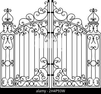 Skizze von Metalltoren, doppelblättrige Gartentür, Original, Abbildung von geschmiedeten Produkten Stock Vektor