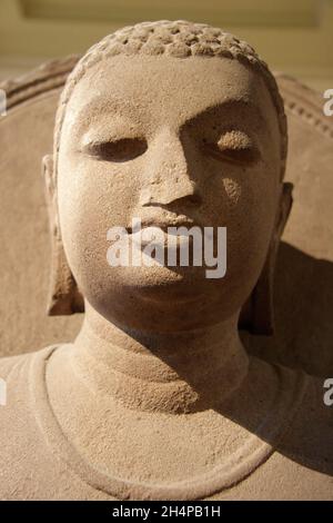 Erhabener Buddha aus dem 5. Jahrhundert aus Ostindien (Sarnath) im Britischen Museum. Diese Sandsteinstatue von Shakyamuni zeigt ihn auf einem lio sitzen Stockfoto