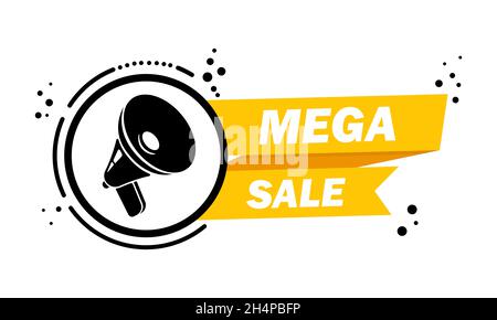 Megaphon mit Mega Sale Sprechblasenbanner. Lautsprecher. Label für Unternehmen, Marketing und Werbung. Vektor auf isoliertem Hintergrund. EPS 10. Stock Vektor