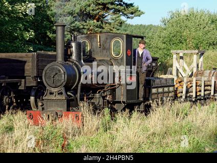 Beamish Museum Schmalspurbahn mit typischen Arbeitsszenen, die für eine Charterveranstaltung mit Andrew Barclay 0-4-0T 'Glyder' nachgebaut werden. Stockfoto