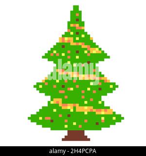 Pixel Weihnachtsbaum mit Girlanden, 8 Bits Happy New Year Stock Illustration Stock Vektor