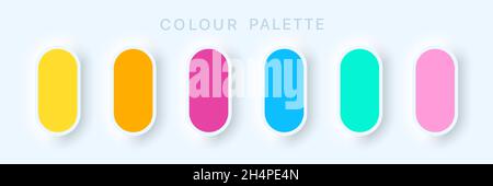 Katalog Der Leitungspalette. Mehrfarbig orange lila pink cyan. Beispiele: Pastell und RGB HEX. Bunte weiche Knöpfe oder lebendige Farbkugeln flach. Neomorphismus Stock Vektor
