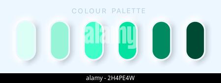 Katalog Der Leitungspalette. Mehrfarbiger grüner Cyan. Beispiele: Pastell und RGB HEX. Bunte weiche Knöpfe oder lebendige Farbkugeln flach. Neomorphismus Vektor-Illust Stock Vektor