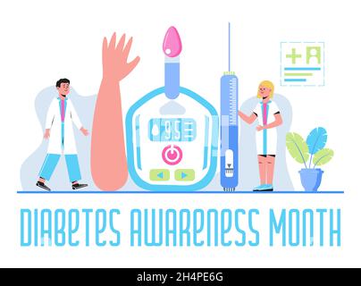 Monat des Diabetesbewusstseins am November in den USA. Veranstaltung zur nationalen Gesundheitsversorgung in den USA. Typ-2-Diabetes und Insulin-Produktion Konzeptvektor mit Glukose m Stock Vektor