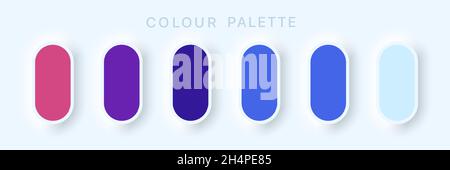 Katalog Der Leitungspalette. Mehrfarbiger violett-blauer Cyan. Beispiele: Pastell und RGB HEX. Bunte weiche Knöpfe oder lebendige Farbkugeln flach. Neomorphismus Vektor Stock Vektor
