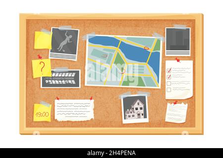 Detective Untersuchung Korkbrett, Arbeitsplatz im Cartoon-Stil isoliert auf weißem Hintergrund. Mystery Foto, Karte, Polizei Mind Plan . Vektorgrafiken Stock Vektor