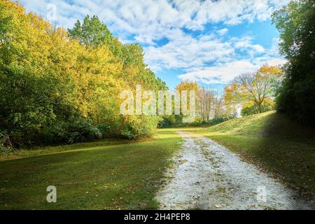 Einsamer Weg an einem sonnigen, aber bewölkten Herbsttag Stockfoto