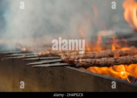 Leckere traditionelle Adana Kebab gegrillt auf einem heißen grill, Nahaufnahme, Outdoor-Fotografie Stockfoto