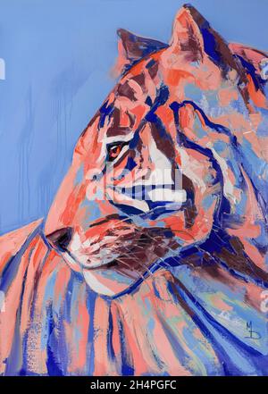 Symbol des neuen Black Water Tigers 2022. Schöne wilde Tiger Kopf Portrait Malerei Illustration auf einem blauen Hintergrund. Tiermalerei für Stockfoto