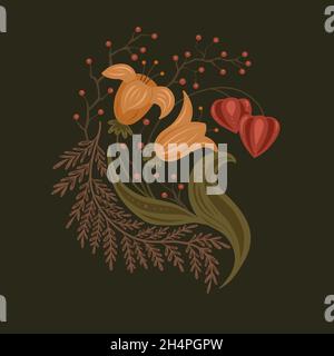 Herbstillustration mit Blumen, Beeren und Physalis. Florales Ornament auf dunklem Hintergrund. Vektor natürliches Bild mit Blumensträußen für Banner, Aufkleber A Stock Vektor