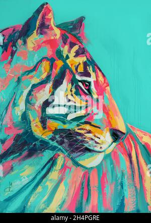 Symbol des neuen Black Water Tigers 2022. Schöne wilde Tiger Kopf Portrait Malerei Illustration auf einem blauen Hintergrund. Tiermalerei für Stockfoto