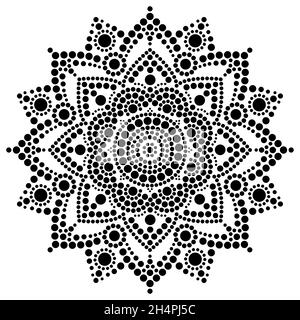 Mandala-Vektor-Punktkunst, Aborigine-Punktmalerei, Retro-Folk-Design, inspiriert von traditioneller Kunst aus Australien in Schwarz auf weißem Hintergrund Stock Vektor