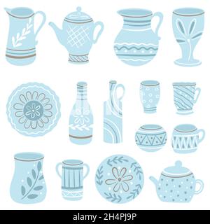 Keramik blau Geschirr Set. Sammlung von handgefertigten Küchenutensilien mit Malerei dekoriert. Tonbecher, Flaschen, Teller und Gefäße für Lebensmittel, Vektoren krank Stock Vektor