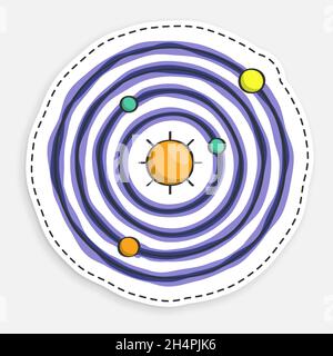 Cartoon-Symbol des Doodle-Modell des Sonnensystems. Planeten drehen sich in Umlaufbahnen im Raum um Stern, Sonne. Vektor auf weißem Hintergrund isoliert Stock Vektor