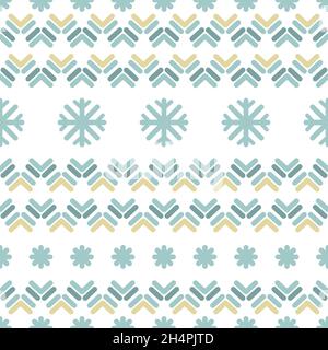 Nahtloses Muster mit Strichen und Schneeflocken auf weißem Hintergrund. vektor flache Weihnachtsschmuck. Winter gestrickt, gehäkelt Textur Stock Vektor