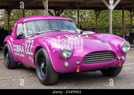 Mike Whitakers Teilnehmer an der Moss Trophy, 1963 AC Cobra „Libragenschlange“ im Fahrerlager beim 78. Goodwood Members Meeting, Sussex, Großbritannien. Stockfoto