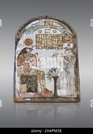 Altägyptische Bogenstele der Dame Tachemes, die zu Re Horakhty betet, um 900 v. Chr., 3. 22. Dynastie, Theben-Westen, bemaltes Holz. Louvre Museum Stockfoto