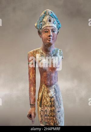 Ägyptische Holzskulptur von Ramesses II oder deified König Amenophis 1., 1279-1213 BC, 19. Dynastie, Deir el Medina, . Louvre Museum Inv. E16277. Der König Stockfoto