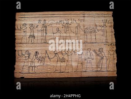 Altägyptischer Papyrus, der eine Baugrundzeremonie darstellt, 1069-664 v. Chr., 22. Dynastie. Louvre E3308. Eine Szene der göttlichen Anbetung von Sobek, Neith Stockfoto