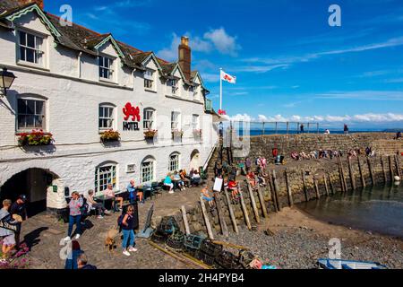 Red Lion Hotel in Clovelly, einem Hafendorf mit Blick auf Bideford Bay und den Bristol Channel in North Devon, England Stockfoto