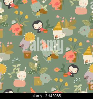 Nahtloses Muster mit Cartoon-Tieren und Zimmerpflanzen Stock Vektor