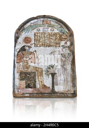 Altägyptische Bogenstele der Dame Tachemes, die zu Re Horakhty betet, um 900 v. Chr., 3. 22. Dynastie, Theben-Westen, bemaltes Holz. Louvre Museum Stockfoto