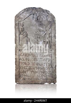 Alte ägyptische Stele von Cleopatre, 2. Juli 51 v. Chr., Ptolomäisches Königreich, Kalkstein. Der Louvre Museum im Jahr 27442. Inkriptisch auf Griechisch. Königin Kleopatra VII Stockfoto