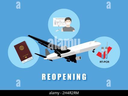 Wiedereröffnung des Flugzeugs, das in einer Covid-19-Pandemie unterwegs ist. Anforderung einschließlich Pass, vollständige Impfung mit Immunisierungszertifikat und bestandene RT-PCR t Stock Vektor