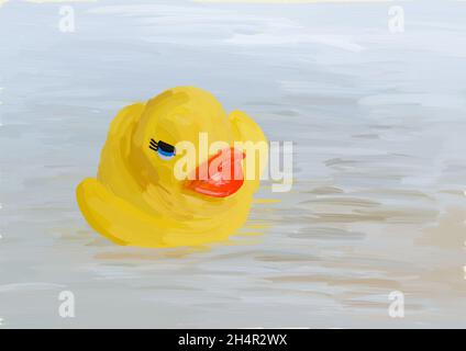 Gelbe Ente schwimmt im Wasser. Digitale Ölmalerei.