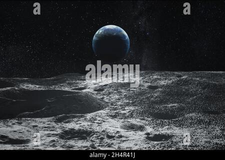 Blick auf die Erde vom Mond. Elemente dieses Bildes, die von der NASA eingerichtet wurden. 3D-gerenderte Illustration. Stockfoto