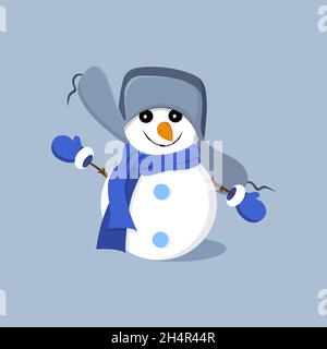 Netter lustiger Schneemann in einem Hut und Schal auf einem grauen Hintergrund. Vektor Stock Vektor