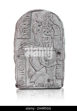 Alte ägyptische Stele von Nakhtimen, 1279 - 1213 v. Chr., Deir el-Medina. Louvre Museum N 4194. Anbetungsszene; unten - ein Mann kniet, geflisseter Kilt, F Stockfoto