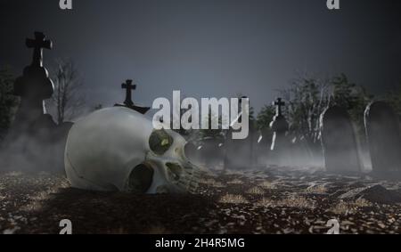 Furchteinflößender Schädel auf dem Friedhof in der Nacht. Gräber herum. 3D-gerenderte Illustration. Stockfoto