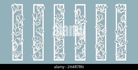 Magnolien-Blumenmuster. Set, Platte für die Registrierung der dekorativen Oberflächen. Vektordarstellung eines Laserschneidens. Plotter schneiden und Bildschirm Stock Vektor