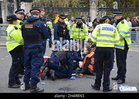 London, Großbritannien. November 2021. Isolieren Sie britische Aktivisten, indem sie Straßen um das Parlament herum blockieren, indem sie sich an die Straßen kleben. Quelle: Thomas Krych/Alamy Live News Stockfoto