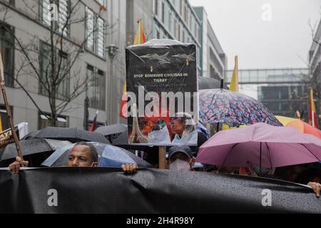 Berlin, Deutschland. November 2021. Stopp der Bombardierung von Zivilisten im Tigray-Schild in Berlin, Deutschland, am 04. November 2021. (Foto: Michael Kuenne/PRESSCOV/Sipa USA) Quelle: SIPA USA/Alamy Live News Stockfoto