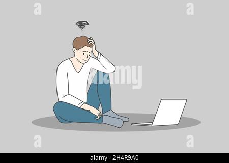 Stress und Erschöpfung beim Ideenkonzept. Junge gestresste Mann Cartoon-Figur auf dem Boden in der Nähe von Laptop sitzen und frustriert fühlen und stecken mit Ideen Vektor-Illustration Stock Vektor