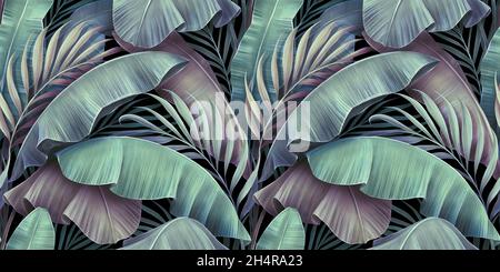 Tropisches exotisches Nahtloses Muster. Schöne Palme, Bananenblätter. Handgezeichnete 3D-Illustration im Vintage-Stil. Glamourös abstrakt Dschungel Hintergrund, Tapete Stockfoto