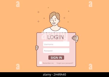 Anmelden persönlicher Seite Konzept. Junge lächelnde junge Cartoon-Figur stehend mit riesigen Zeichen mit Benutzername und Passwort für Login-Vektor-Illustration Stock Vektor