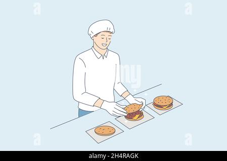 Kochen Burger und Junk Food Café Konzept. Junge lächelnde Mann Koch in Uniform und Schürze Cartoon-Figur stehen und Kochen Cheeseburger in Restaurant Küche Vektor-Illustration Stock Vektor