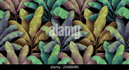 Bananenbaum und Blätter, bunte helle Textur nahtlose Muster. Vintage tropische 3d-Illustration. Hochwertiges Grunge-Hintergrunddesign. Luxuriöse Tapete Stockfoto