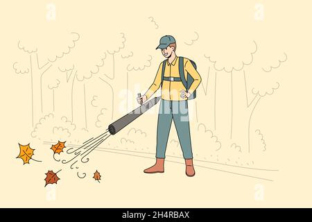 Reinigung Park von gefallenen Blättern Konzept. Junge lächelnde Mann Arbeiter Cartoon-Figur in Uniform stehen und Reinigung saugen gefallene Blätter in Park Vektor-Illustration Stock Vektor