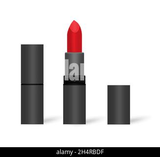 Roter Lippenstift in schwarzer Tube, Mockup. Offen und geschlossen. Lippenrouge isoliert auf weißem Hintergrund, Vektordarstellung Stock Vektor