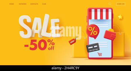 E-Commerce-Webbanner mit 3D Smartphone-Illustration mit Einkaufstaschen, Geldbörse und Kreditkarten-Symbolen werden aus dem Bildschirm gepumpt Stock Vektor