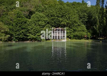 Aserbaidschan Gabala. Grünen Wald am See in der Reflexion im Wasser Schönheit in der Natur. Saubere, grüne Bäume Reflexion über den Bergsee Oberfläche Stockfoto