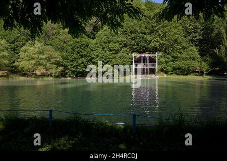 Aserbaidschan Gabala. Grünen Wald am See in der Reflexion im Wasser Schönheit in der Natur. Saubere, grüne Bäume Reflexion über den Bergsee Oberfläche Stockfoto